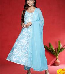Women Floral Printed Cotton Anarkali Kurta with Trousers & Dupatta