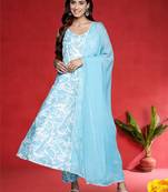 Women Floral Printed Cotton Anarkali Kurta with Trousers & Dupatta