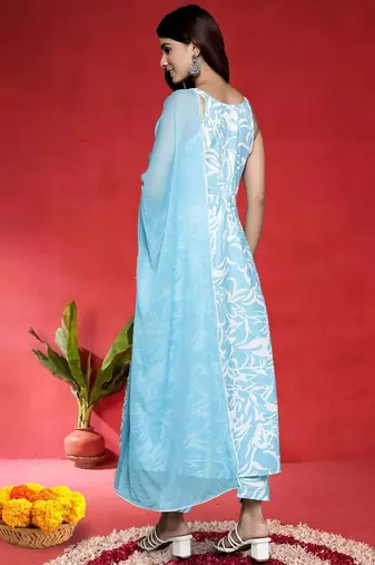 Women Floral Printed Cotton Anarkali Kurta with Trousers & Dupatta