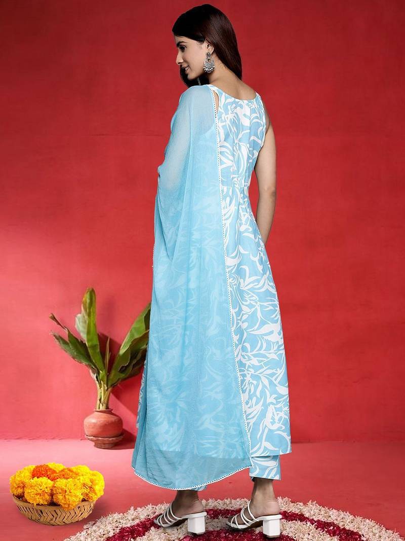 Women Floral Printed Cotton Anarkali Kurta with Trousers & Dupatta