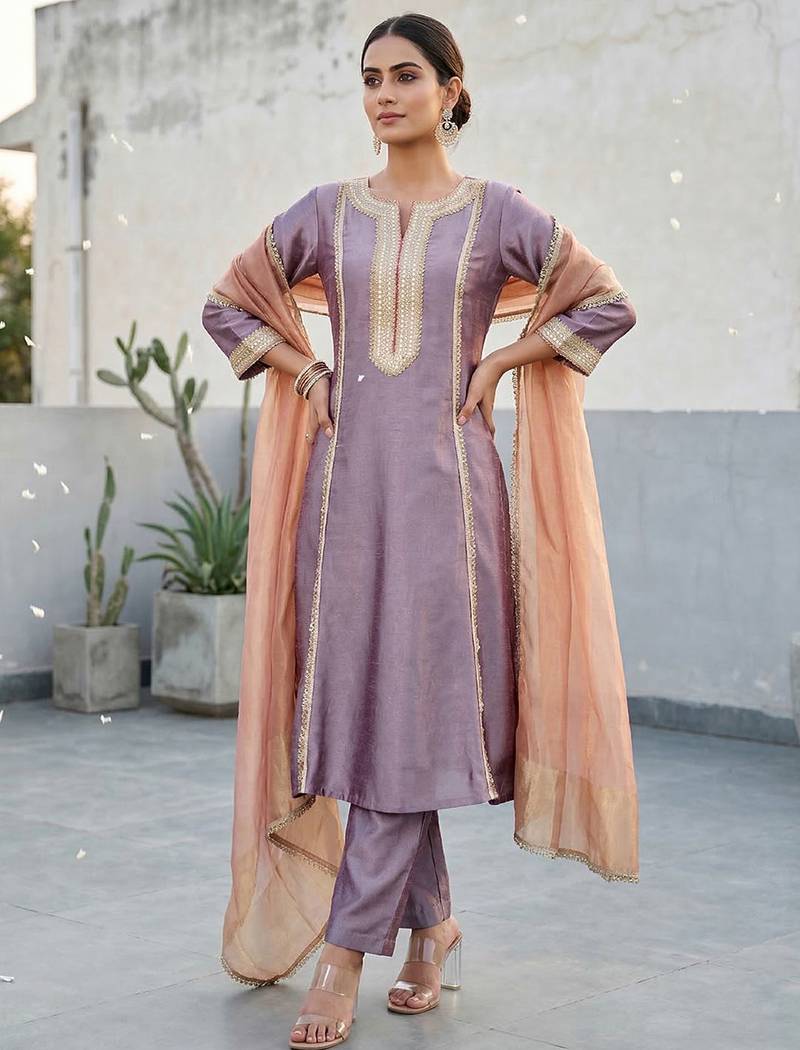 Women Solid Kurta with Trouser & Dupatta