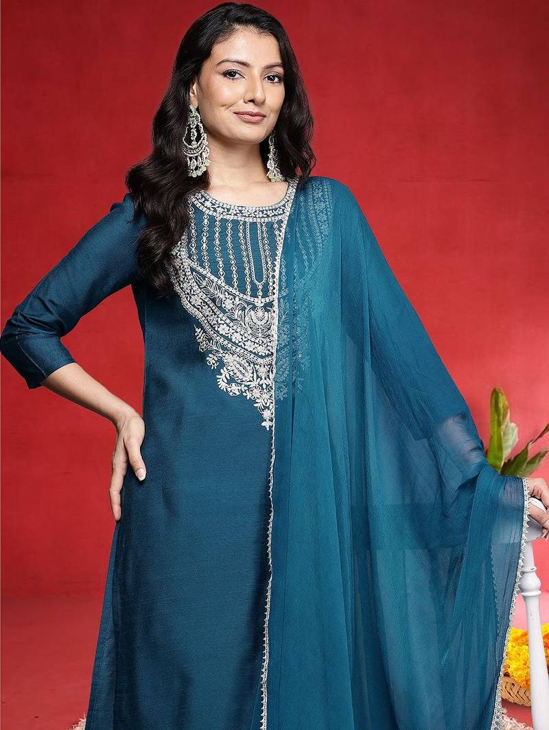 Women Ethnic Motifs Embroidered Kurta with Trouser & Dupatta