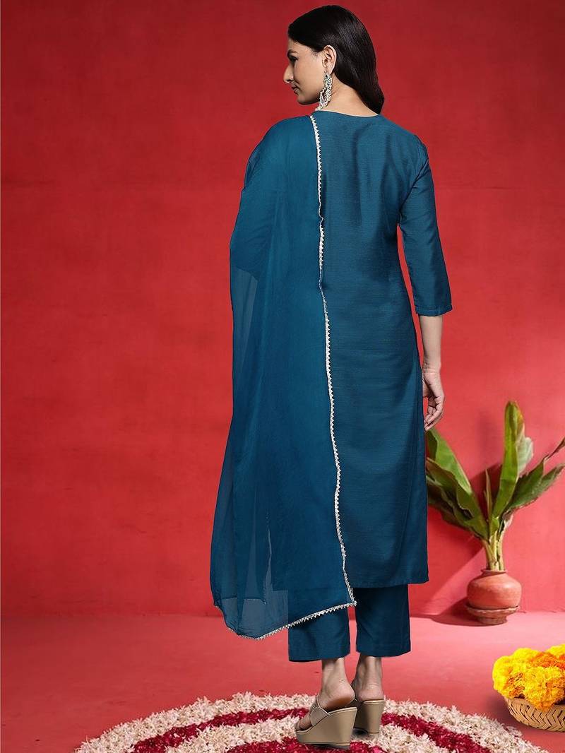Women Ethnic Motifs Embroidered Kurta with Trouser & Dupatta
