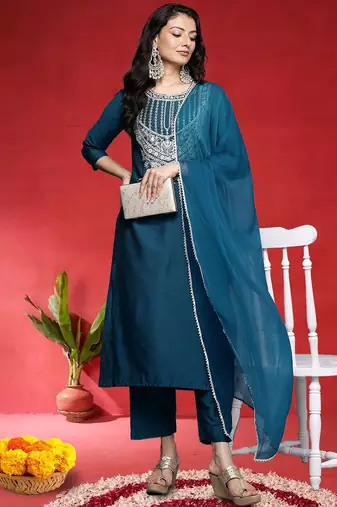 Women Ethnic Motifs Embroidered Kurta with Trouser & Dupatta