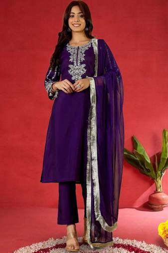 Women Embroidered Regular Kurta with Trousers & With Dupatta