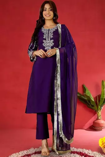 Women Embroidered Regular Kurta with Trousers & With Dupatta