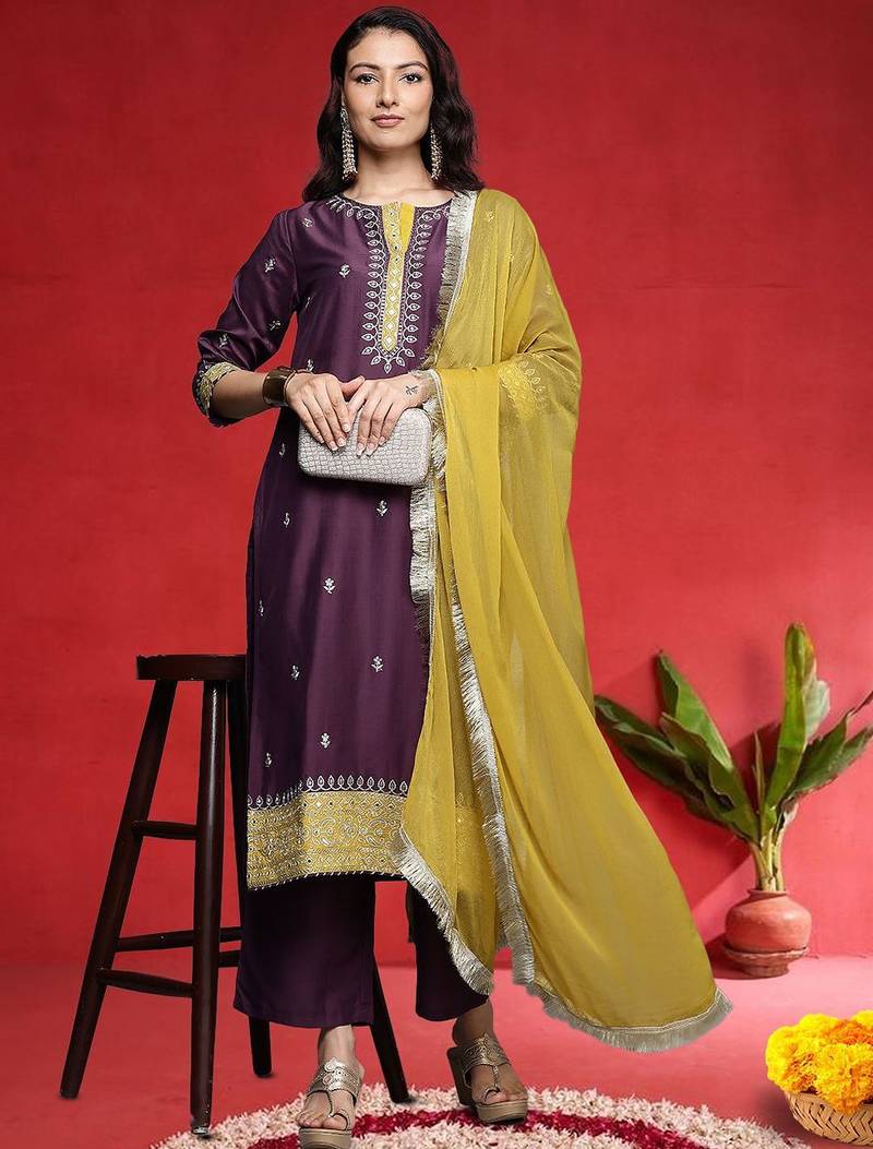 Women Floral Embroidered Regular Sequinned Kurta with Trousers & Dupatta