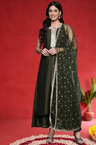 Women Solid Kurta with Palazzo & Dupatta