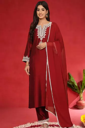 Women Embroidered Regular Thread Work Kurta with Trousers & With Dupatta
