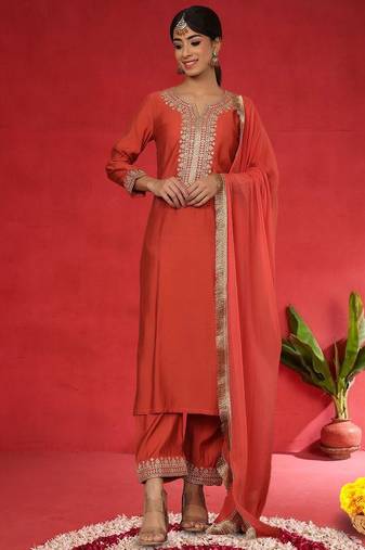 Women Embroidered Regular Kurta with Trousers & Dupatta