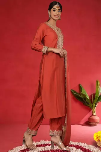 Women Embroidered Regular Kurta with Trousers & Dupatta