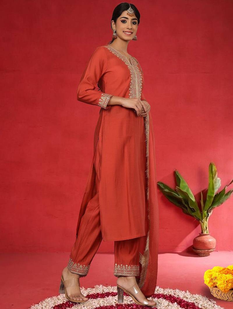 Women Embroidered Regular Kurta with Trousers & Dupatta