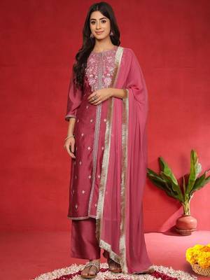 Floral Embroidered Pure Silk Thread Work Straight Kurta With Trousers & Dupatta 1