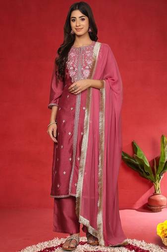 Floral Embroidered Pure Silk Thread Work Straight Kurta With Trousers & Dupatta