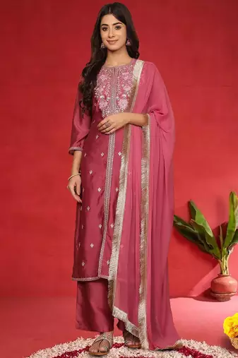Floral Embroidered Pure Silk Thread Work Straight Kurta With Trousers & Dupatta