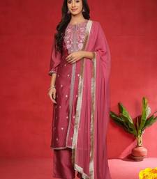 Floral Embroidered Pure Silk Thread Work Straight Kurta With Trousers & Dupatta