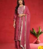 Floral Embroidered Pure Silk Thread Work Straight Kurta With Trousers & Dupatta