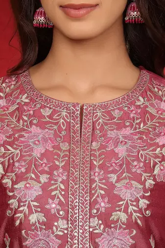 Floral Embroidered Pure Silk Thread Work Straight Kurta With Trousers & Dupatta