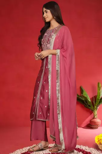 Floral Embroidered Pure Silk Thread Work Straight Kurta With Trousers & Dupatta
