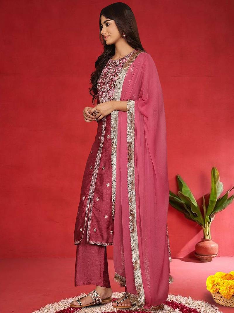 Floral Embroidered Pure Silk Thread Work Straight Kurta With Trousers & Dupatta