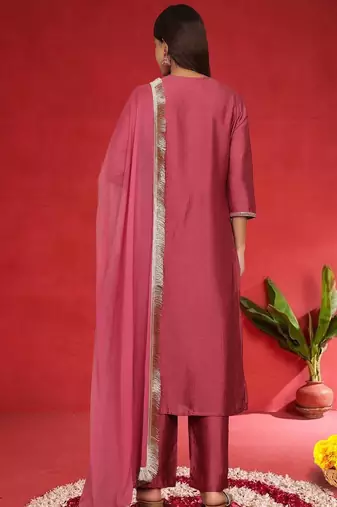 Floral Embroidered Pure Silk Thread Work Straight Kurta With Trousers & Dupatta