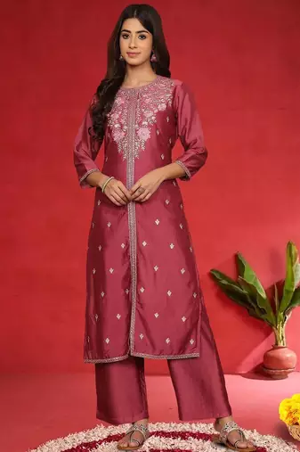 Floral Embroidered Pure Silk Thread Work Straight Kurta With Trousers & Dupatta