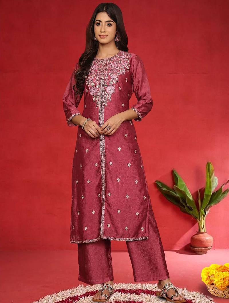 Floral Embroidered Pure Silk Thread Work Straight Kurta With Trousers & Dupatta