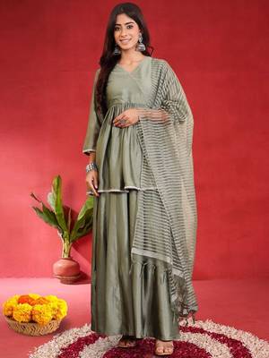 Women Angrakha Pure Silk Kurta with Sharara & Dupatta 1