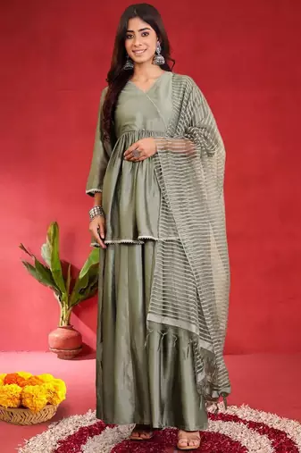Women Angrakha Pure Silk Kurta with Sharara & Dupatta