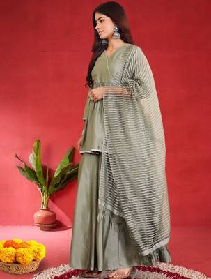 Women Angrakha Pure Silk Kurta with Sharara & Dupatta 4