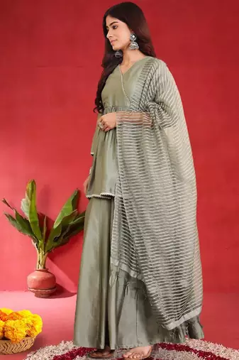Women Angrakha Pure Silk Kurta with Sharara & Dupatta