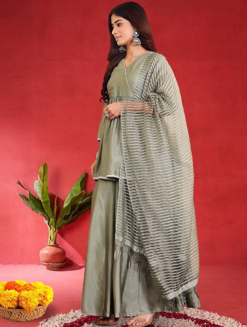 Women Angrakha Pure Silk Kurta with Sharara & Dupatta