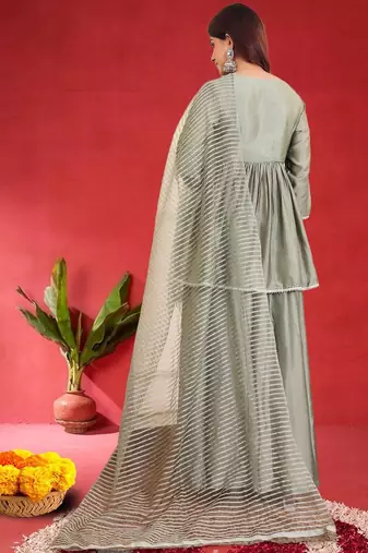 Women Angrakha Pure Silk Kurta with Sharara & Dupatta