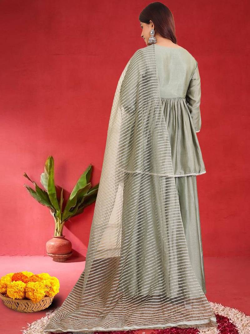 Women Angrakha Pure Silk Kurta with Sharara & Dupatta