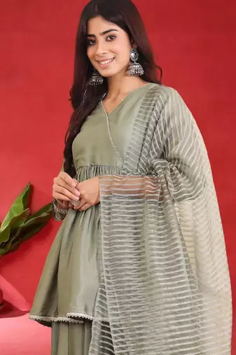 Women Angrakha Pure Silk Kurta with Sharara & Dupatta