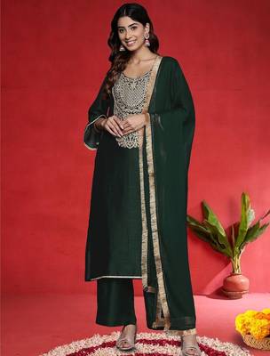 Ethnic Motifs Embroidered Thread Work Straight Kurta With Trousers & Dupatta 1