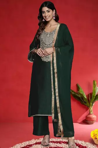 Ethnic Motifs Embroidered Thread Work Straight Kurta With Trousers & Dupatta