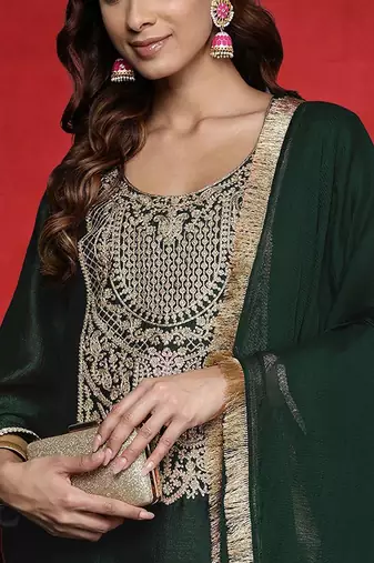 Ethnic Motifs Embroidered Thread Work Straight Kurta With Trousers & Dupatta