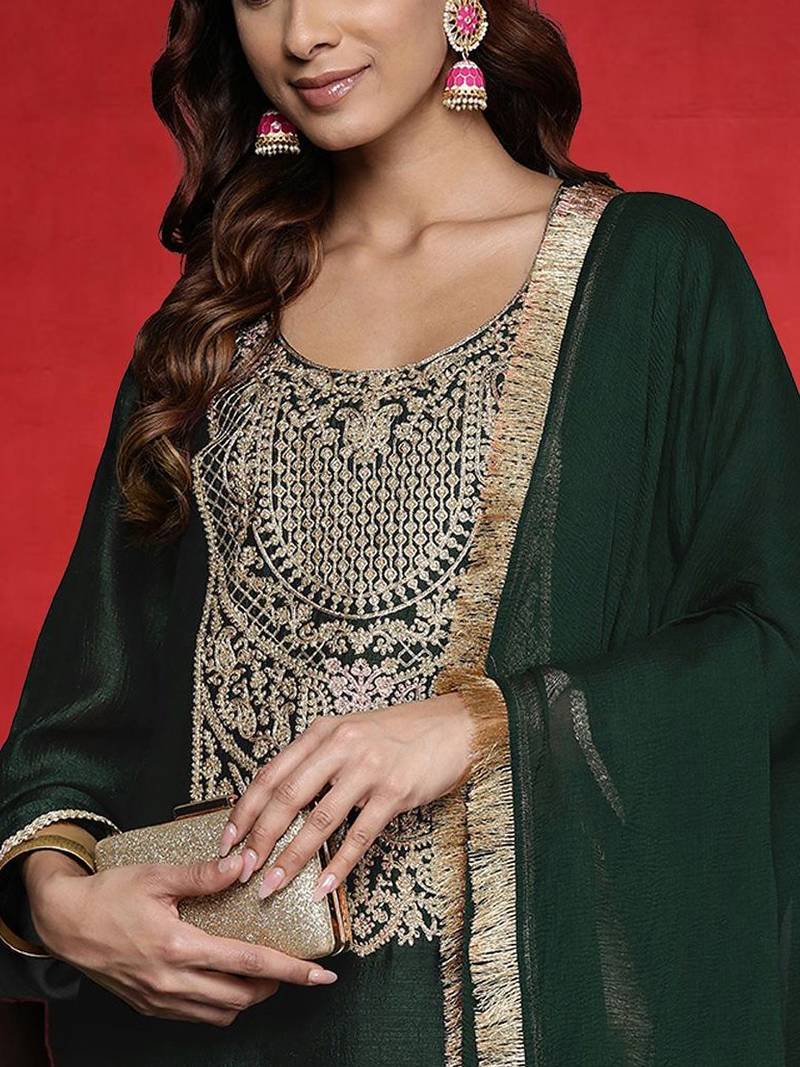 Ethnic Motifs Embroidered Thread Work Straight Kurta With Trousers & Dupatta