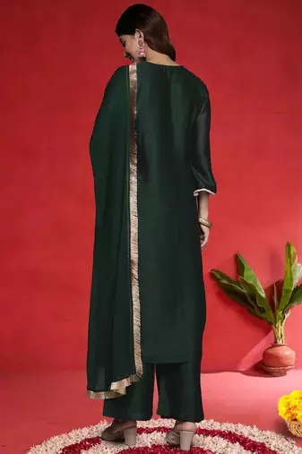 Ethnic Motifs Embroidered Thread Work Straight Kurta With Trousers & Dupatta