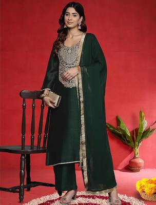 Ethnic Motifs Embroidered Thread Work Straight Kurta With Trousers & Dupatta 6