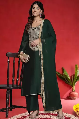 Ethnic Motifs Embroidered Thread Work Straight Kurta With Trousers & Dupatta