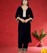 Floral Embroidered Velvet Zari Straight Kurta With Trousers & Dupatta