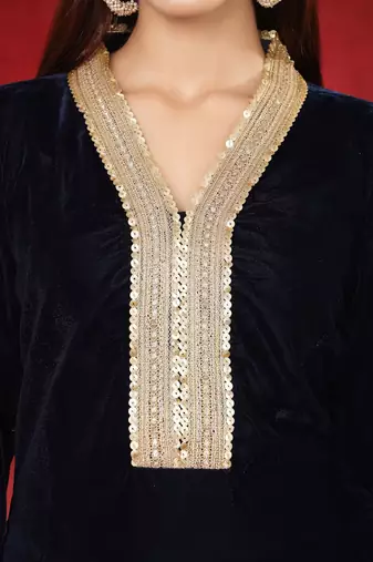 Floral Embroidered Velvet Zari Straight Kurta With Trousers & Dupatta