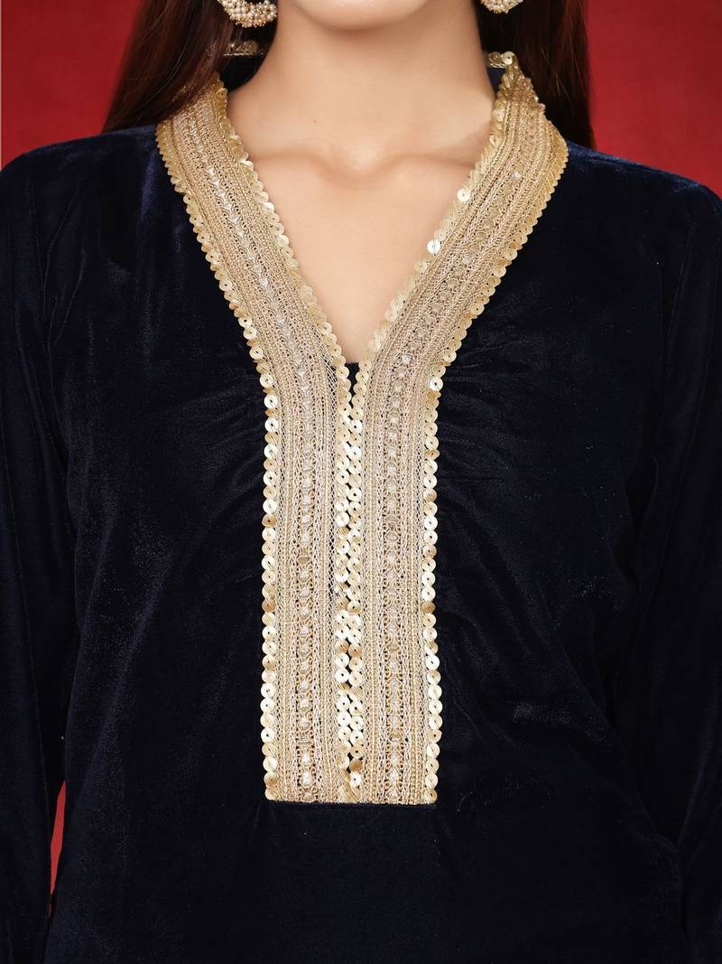 Floral Embroidered Velvet Zari Straight Kurta With Trousers & Dupatta