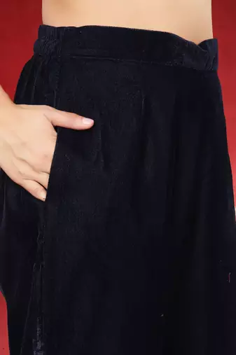 Floral Embroidered Velvet Zari Straight Kurta With Trousers & Dupatta