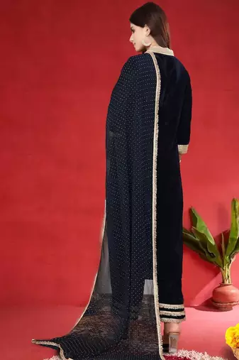 Floral Embroidered Velvet Zari Straight Kurta With Trousers & Dupatta