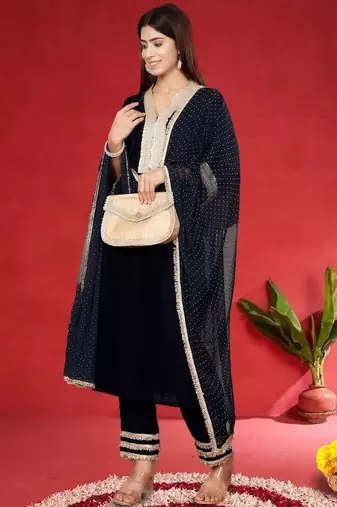 Floral Embroidered Velvet Zari Straight Kurta With Trousers & Dupatta