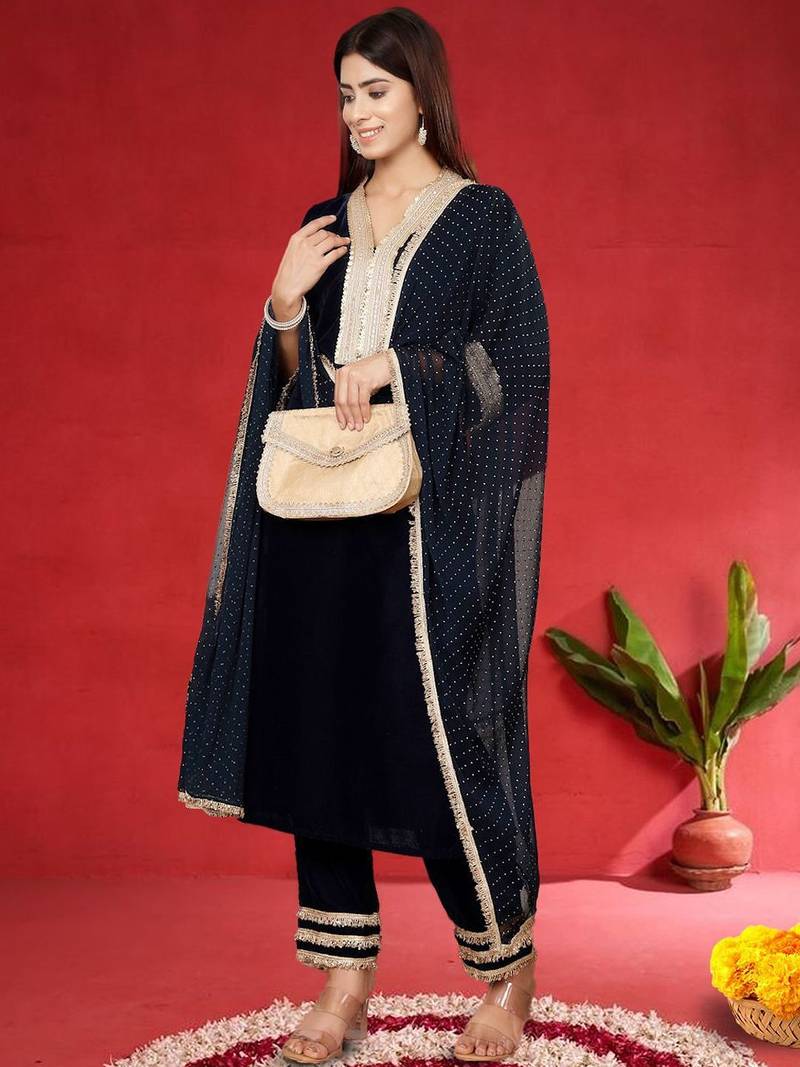 Floral Embroidered Velvet Zari Straight Kurta With Trousers & Dupatta
