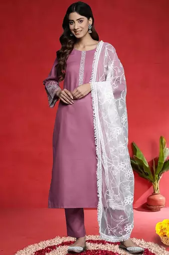 Embroidered Thread Work Round Neck Straight Kurta With Trousers & Dupatta